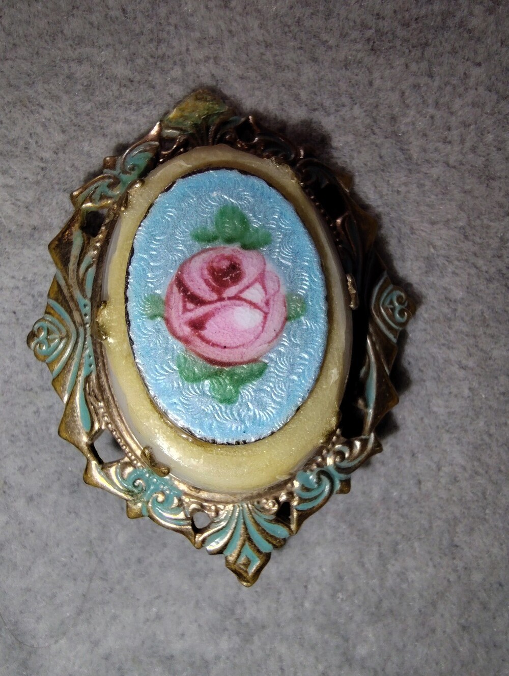 1920-40s Guillioche Gold-filled Floral Brooch with Pink Rose on Blue 1.6"